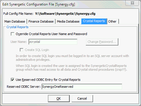 Edit Synergetic Configuration File [Synergy.cfg] window - Crystal Reports tab